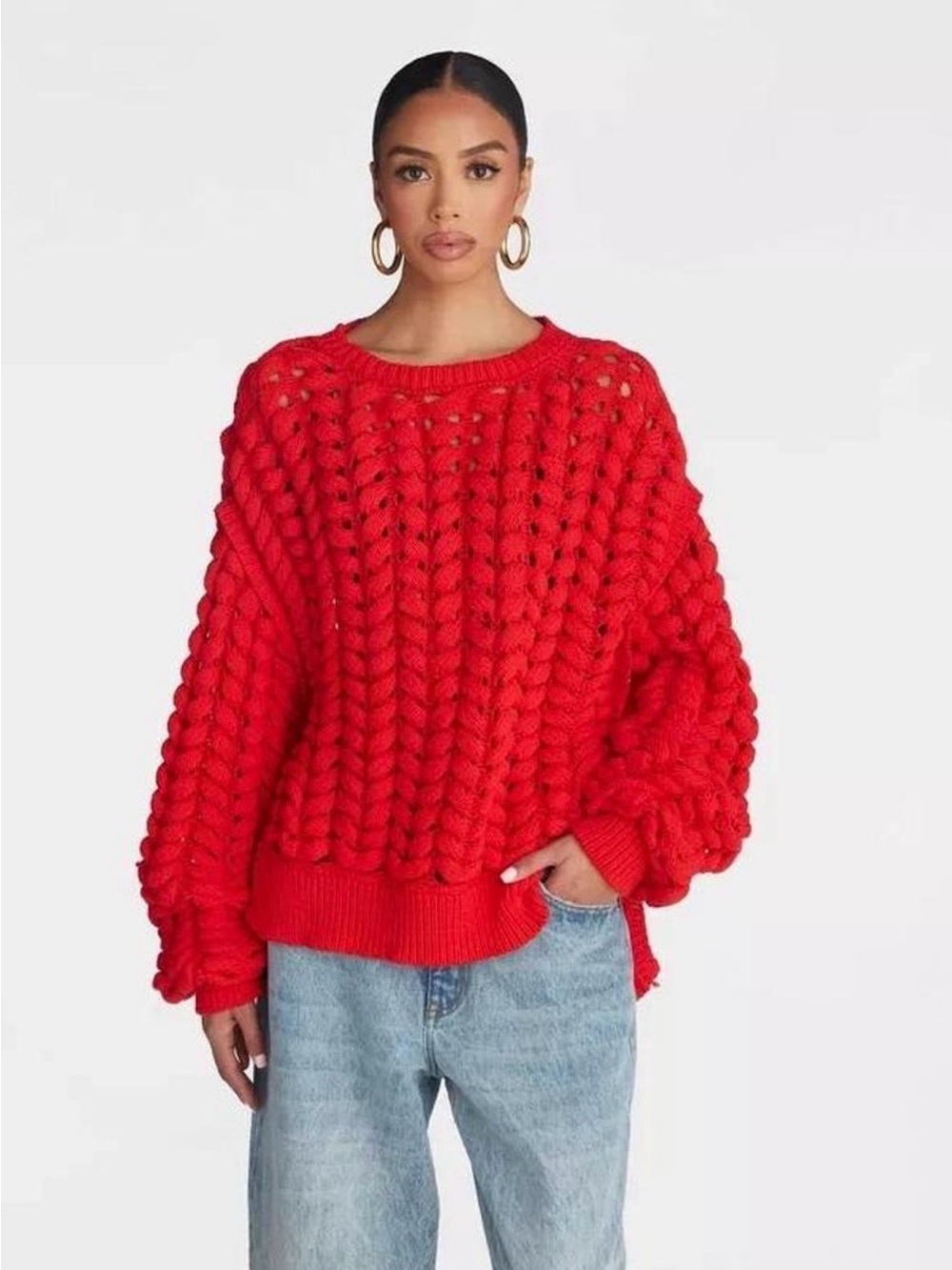 Red Chunky Cable Knit Scoop Neck Sweater NWT Small